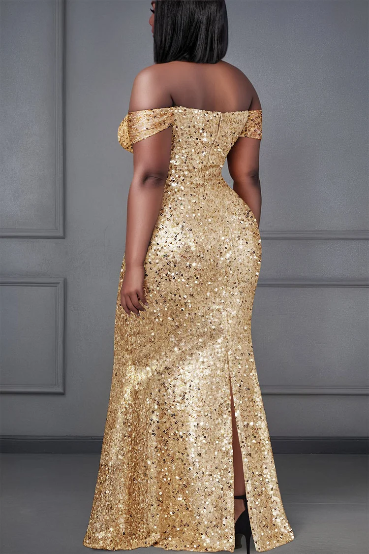 Xpluswear Design Plus Size Prom Gold Elegant Off The Shoulder Sequin Maxi Dresses [Pre-Order]