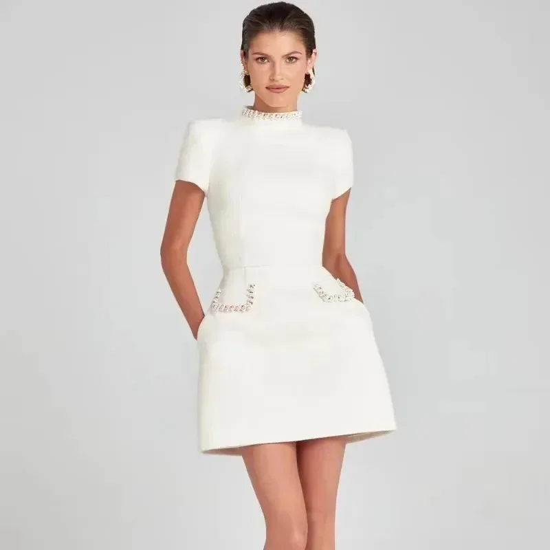Toloer Tweed Solid Beaded Seam Mini Dress-Outfit Ideas