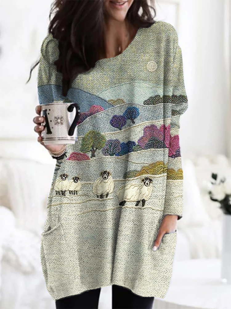 wearshes Field & Sheep Pattern Long Sleeve Loose T-Shirt