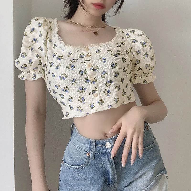 Uveng Uveng Summer Vintage Floral Short T-Shirt Women's Collar Puffed Sleeves Show Navel Top Fashion