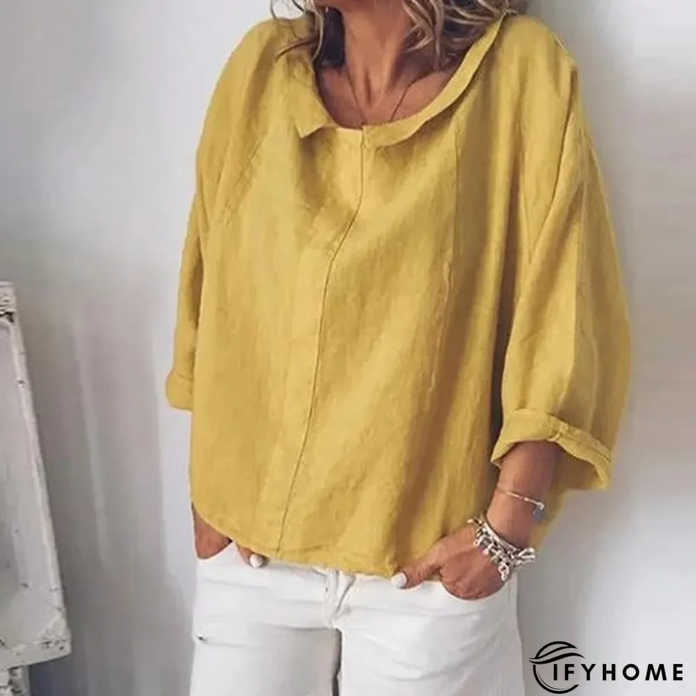 Women Long Sleeve Cotton Linen Casual Lapel Neck Tops Solid Blouse Tops | IFYHOME