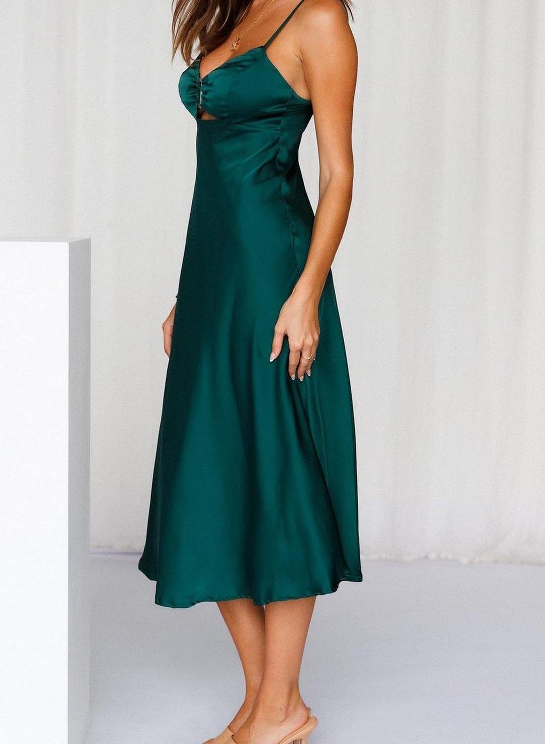 Ahead Of The Curve Satin Cut Out Midi Dress in Oyster White | Oh Polly