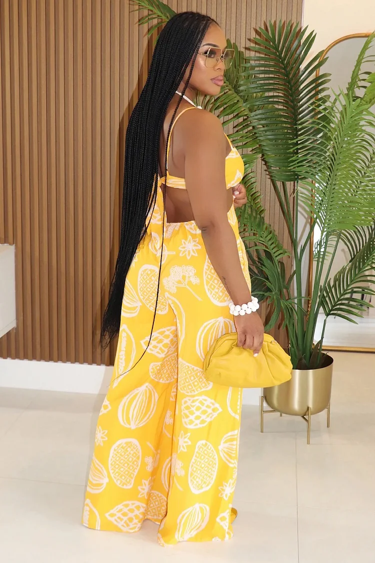 Sketch Print Halter Cami Cutout Vacation Wide Leg Jumpsuit-Yellow