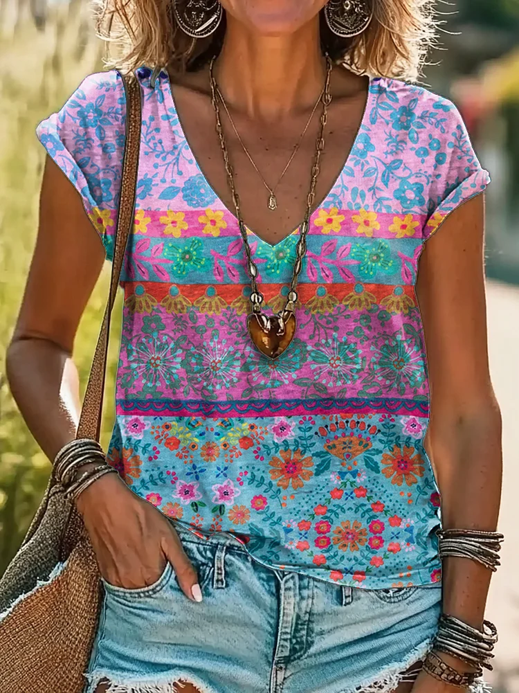 Women's Floral Patchwork Art Print Cotton V Neck T-Shirt