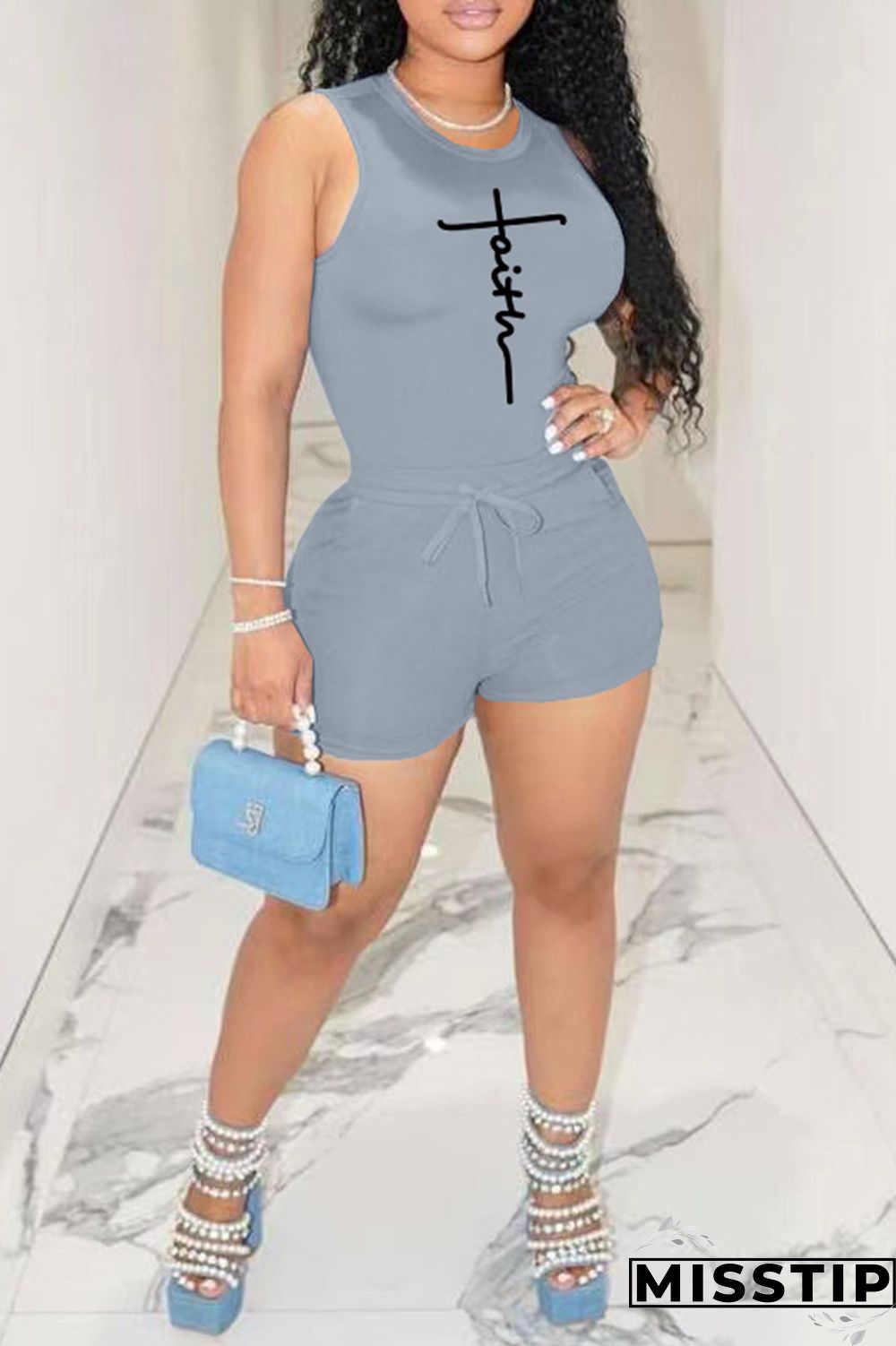 Blue Fashion Casual Sportswear Print Basic O Neck Sleeveless Two Pieces