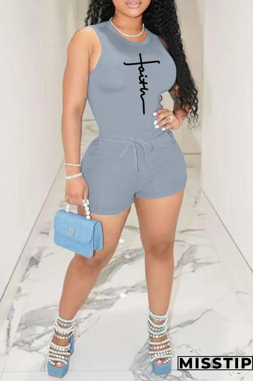 Blue Fashion Casual Sportswear Print Basic O Neck Sleeveless Two Pieces