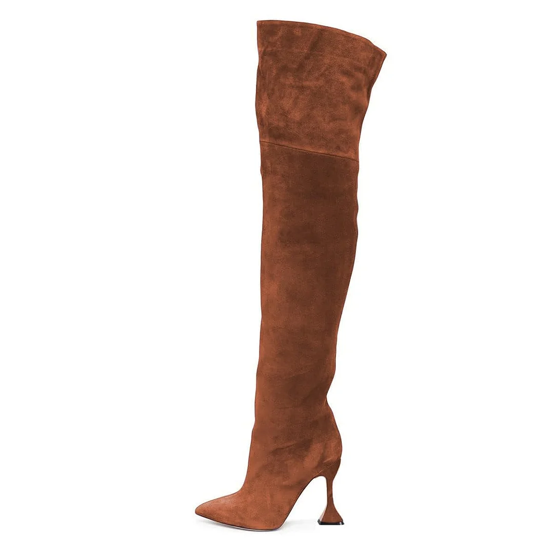 Brown Vegan Suede Over The Knee Flared Heeled Boots with Pointed Toe