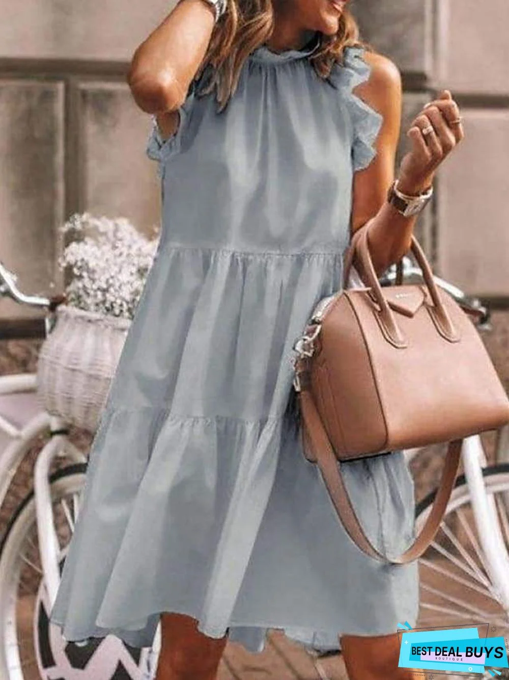 Women's A Line Dress Knee Length Dress White Black Green Dusty Blue Gray Sleeveless Solid Color Ruched Ruffle Patchwork Spring Summer Round Neck Elegant Casual White Dresses