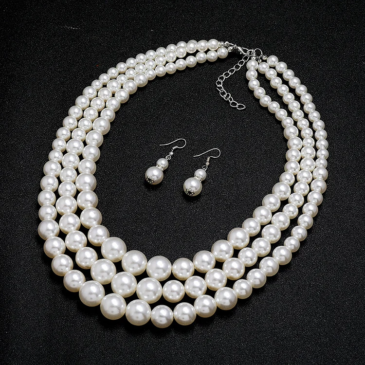 Wedding White Multi-layer Pearl Necklace Earrings Jewelry Set