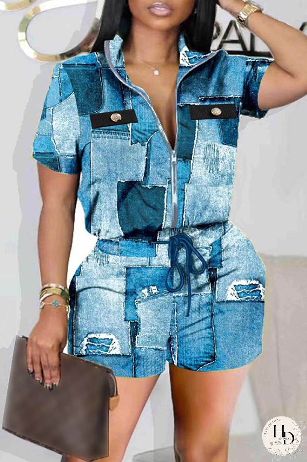 Black Casual Print Patchwork Zipper Collar Short Sleeve Two Pieces