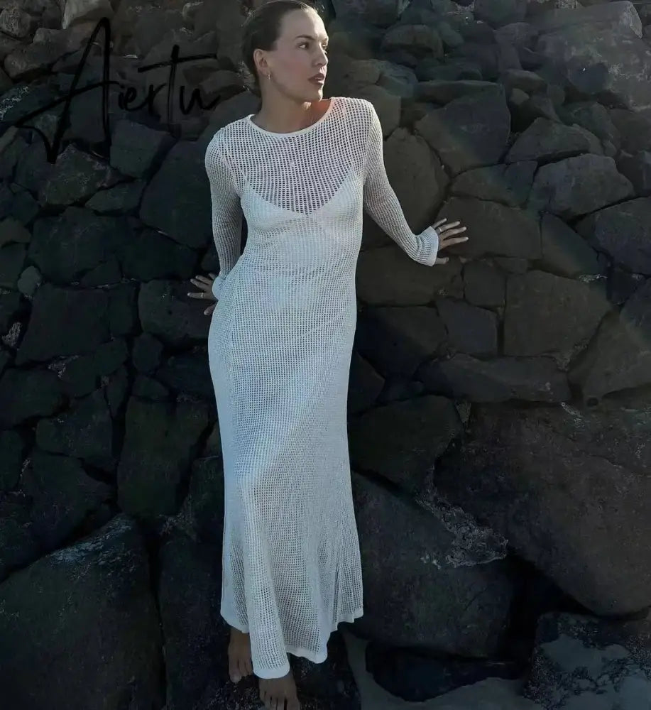 Elegant Hollow Out Knit Maxi Dress for Women Summer Beachwear Holiday Long Sleeve Cover-Ups Long Dresses Aiertu