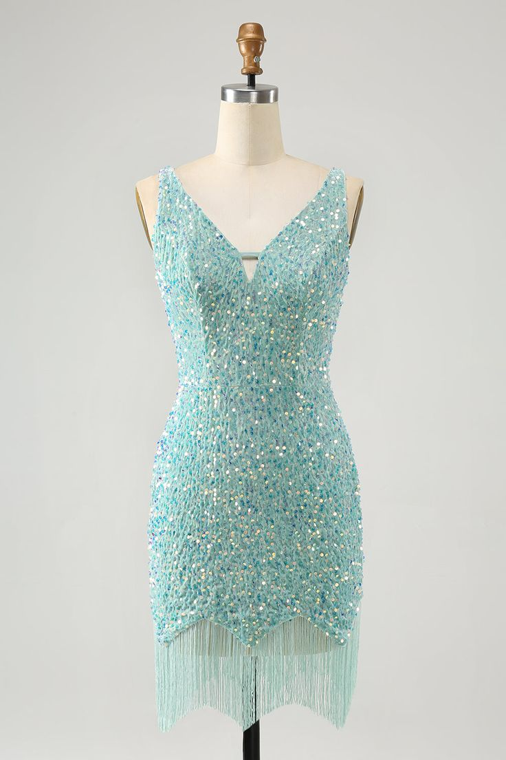 Lvs&Broner Sequins V Neck Sleeveless Short Homecoming Dress With Tassel