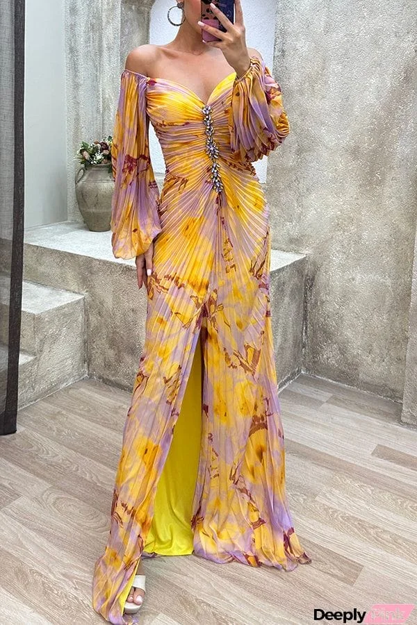 Sunset Serenade Printed Off Shoulder Diamond Embellished Pleated Slit Maxi Dress