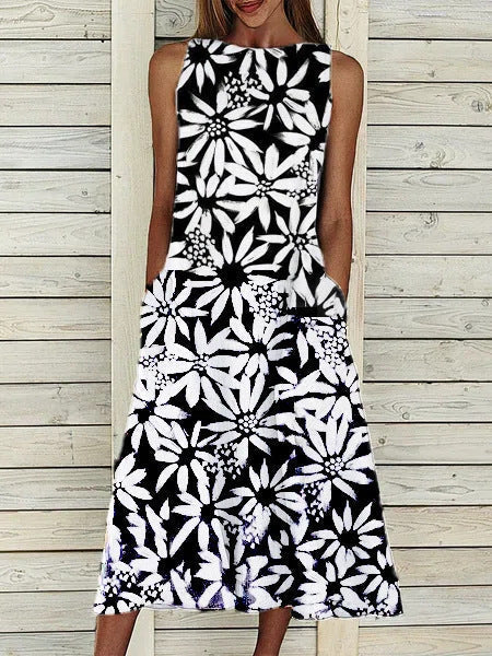 Women Sleeveless Scoop Neck Floral Printed Button Mixi Dress