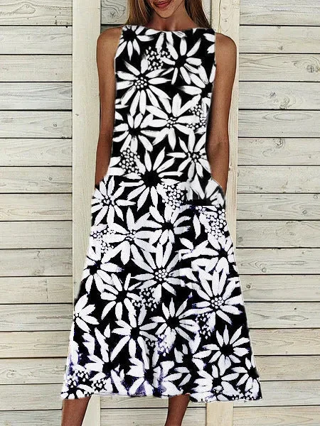 Women Sleeveless Scoop Neck Floral Printed Button Mixi Dress