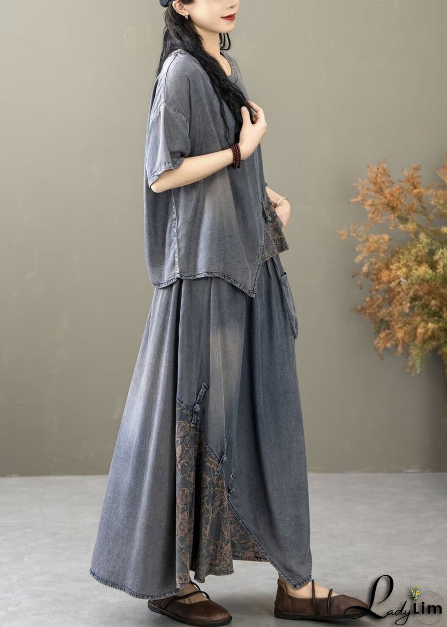 Chic Blue Print T Shirt And Skirts Two Piece Set Short Sleeve