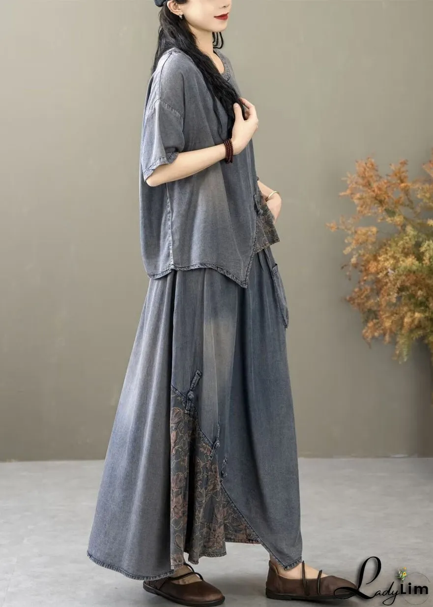 Chic Blue Print T Shirt And Skirts Two Piece Set Short Sleeve