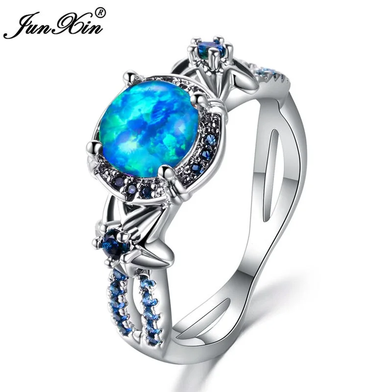JUNXIN Male Female Big Unique Blue Opal Stone Ring Fashion Gold Filled Jewelry Vintage Wedding Rings For Men And Women