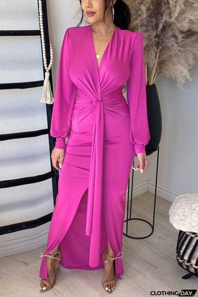 Deep V Neck Slit Hem Knotted Maxi Dress
