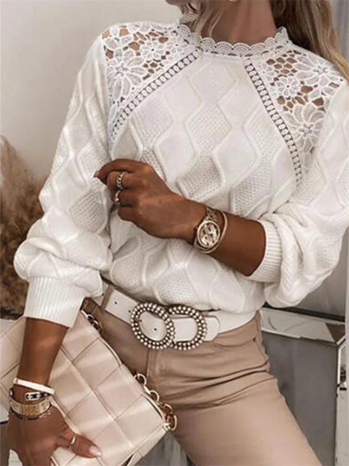 Solid Color Crewneck Pearl-embellished Knitted Sweater