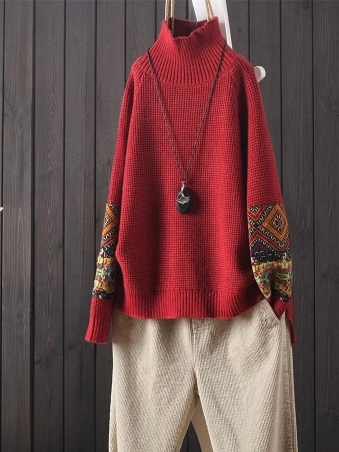 Red Long Sleeve Turtleneck Casual Sweater Zaesvini