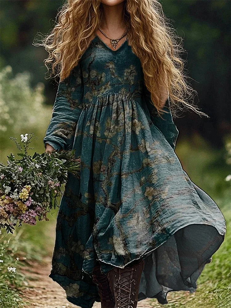 Women's Flowers Art Print V Neck Pocket Cotton Dress