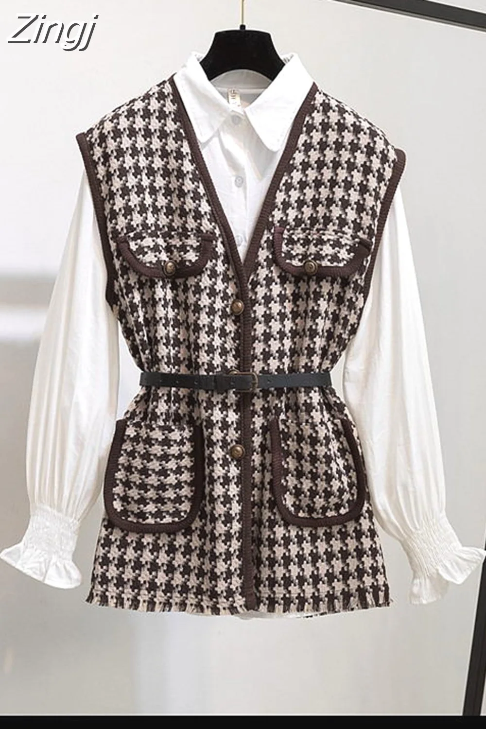 Zingj Lantern Sleeve Shirt Women Houndstooth Tweed Vest 2 Two Piece Set 2023 Spring Autumn Womens Shirts Sets Sleeveless Tops New