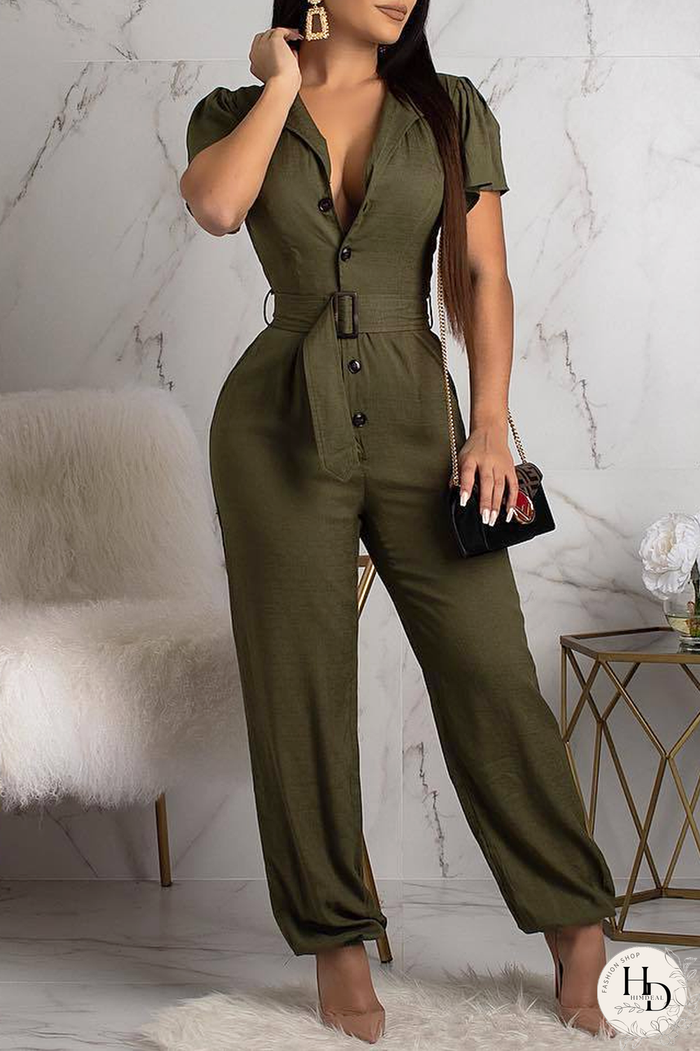 High Waist V-Neck Jumpsuit(With Belt)