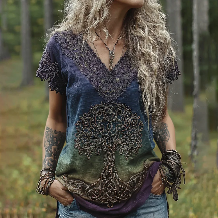 Women's Retro Viking Tree Of Life Lace Art Linen T-shirt