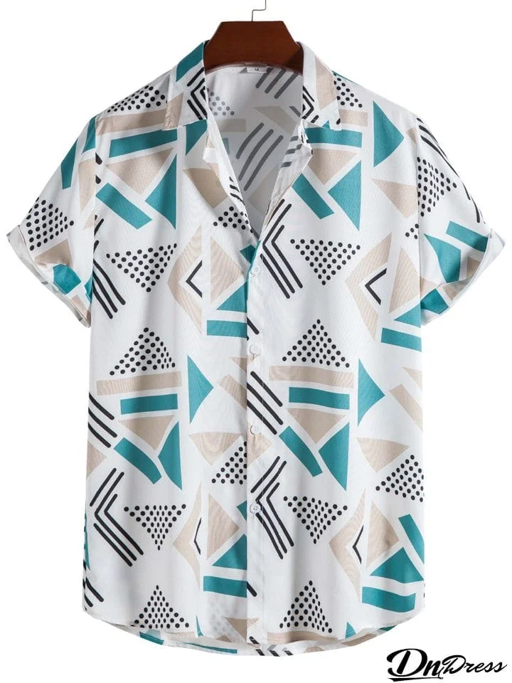 Men's Geometric Pattern Color Block Quick Dry Beach Shirt