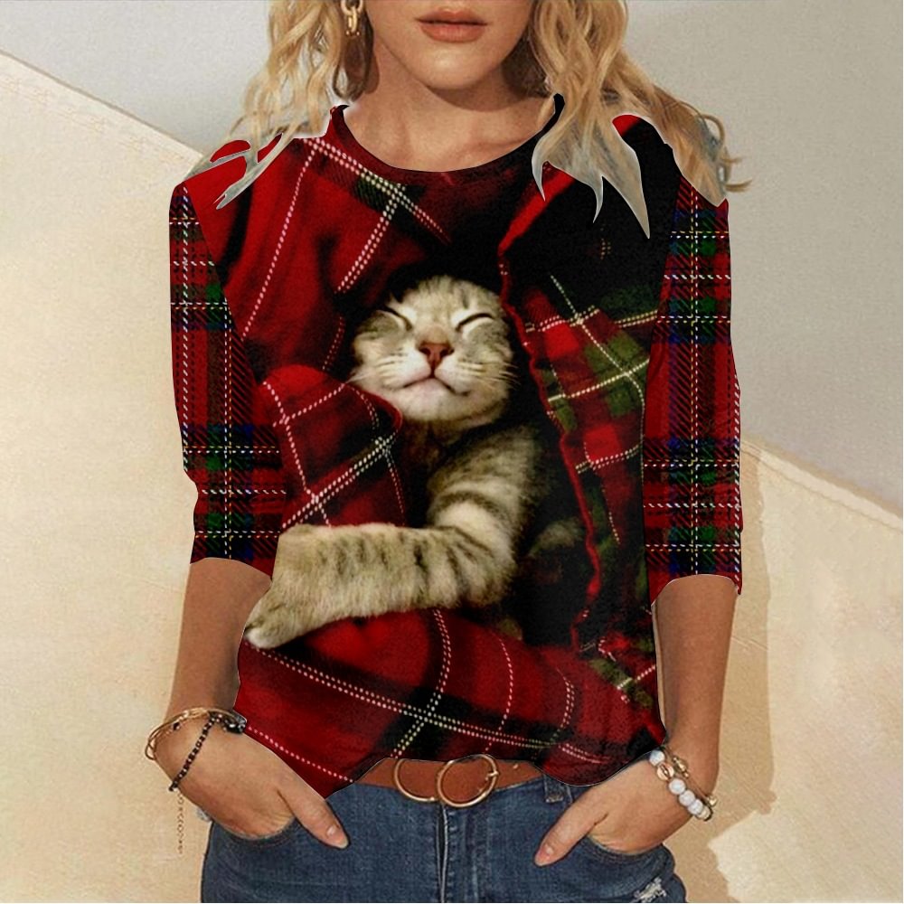 Round Neck Plaid Cat Print Long Sleeve T-Shirt