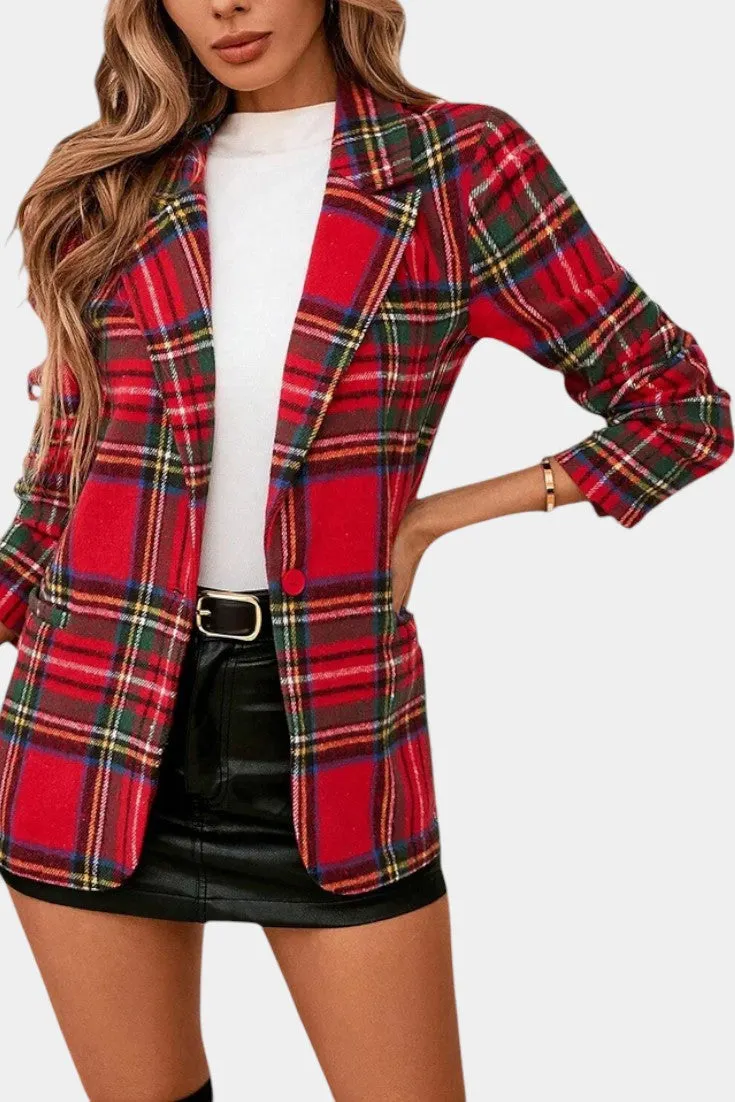 Structured Plaid Blazer with Lapel Collar