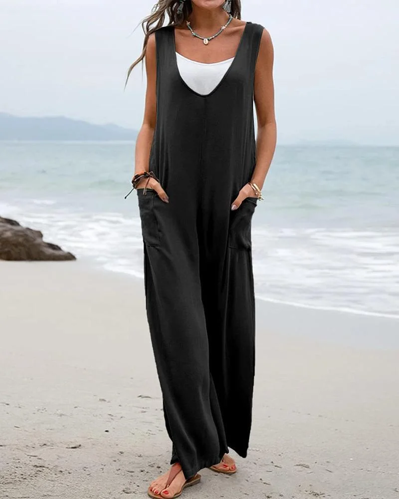 2023 Summer Women's Jumpsuit Fashion Solid Sleeveless Pocket Design Wide Leg Casual V-Neck Strap Jumpsuit