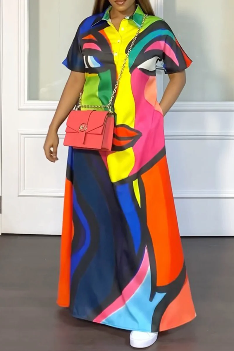 Colour Casual Daily Simplicity Figure Printing Contrast Turndown Collar Shirt Dress Dresses