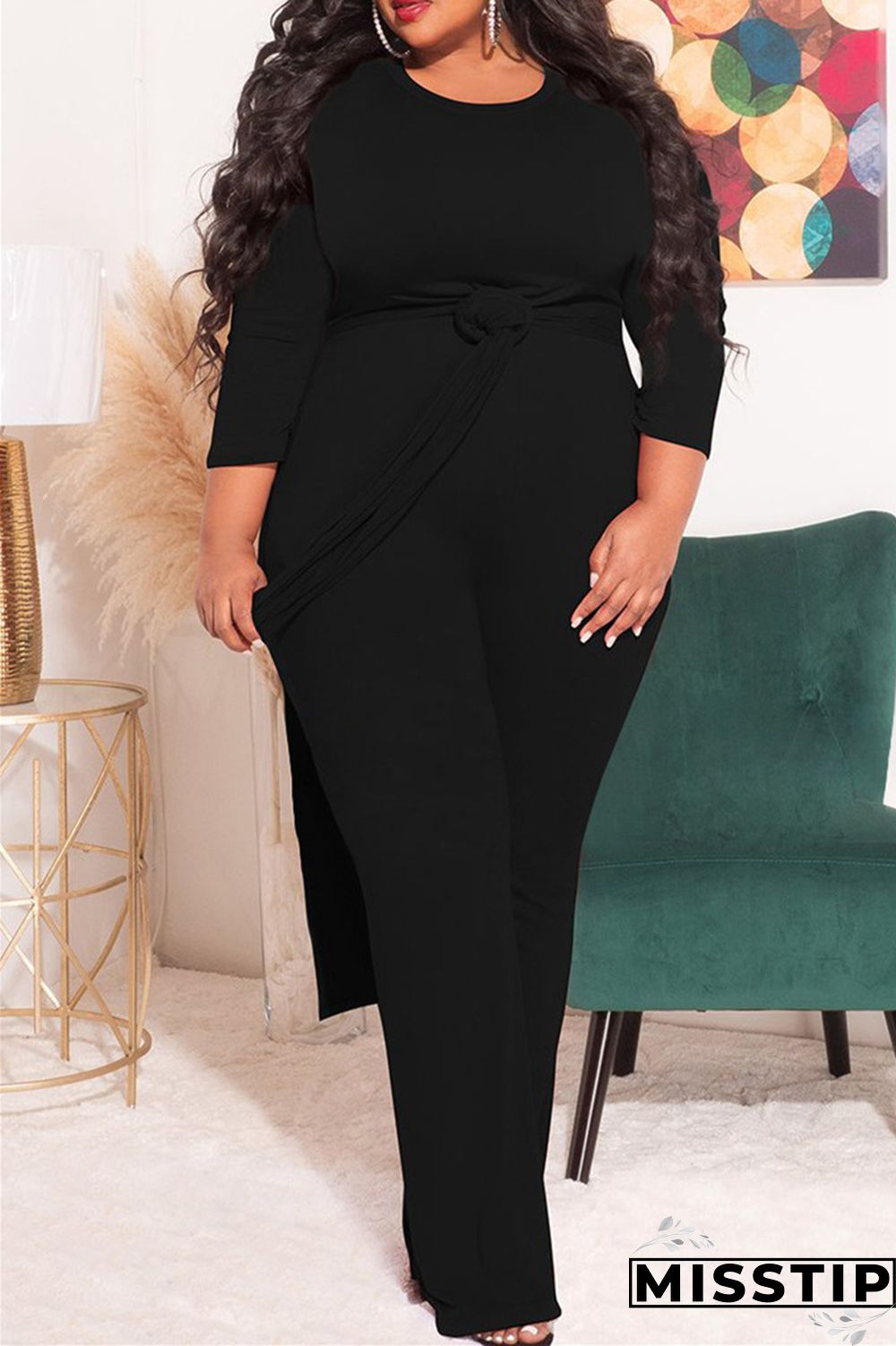 Blue Fashion Casual Solid Slit O Neck Plus Size Two Pieces