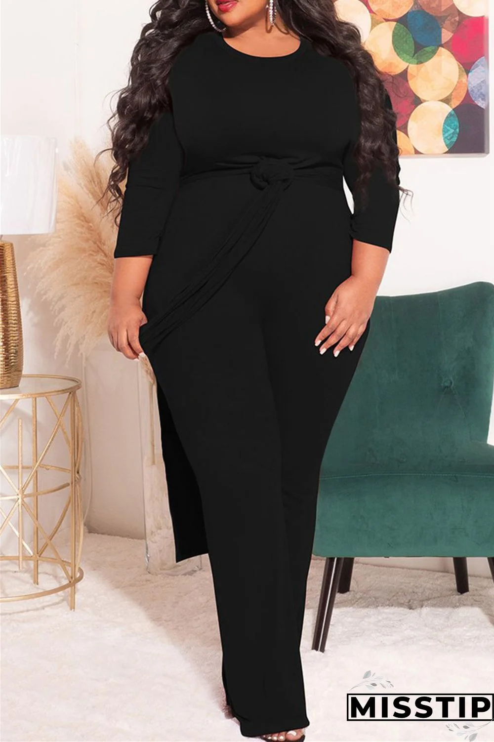 Blue Fashion Casual Solid Slit O Neck Plus Size Two Pieces