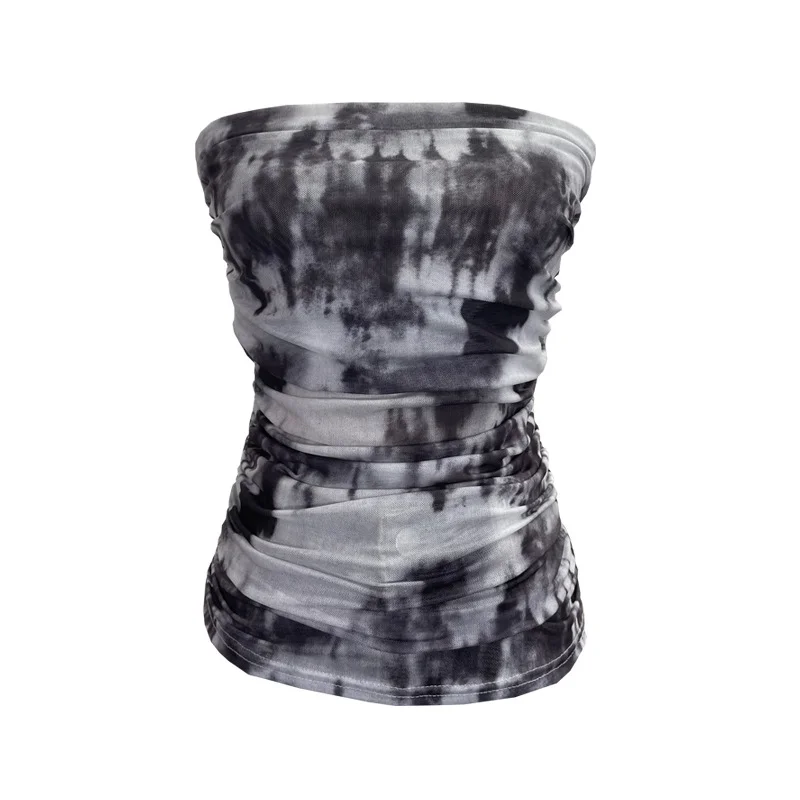 Uveng Thai-Style Splash Ink Dye Mesh Wrap Chest Vest Irregular Stacked Folded Sleeveless Top 9950