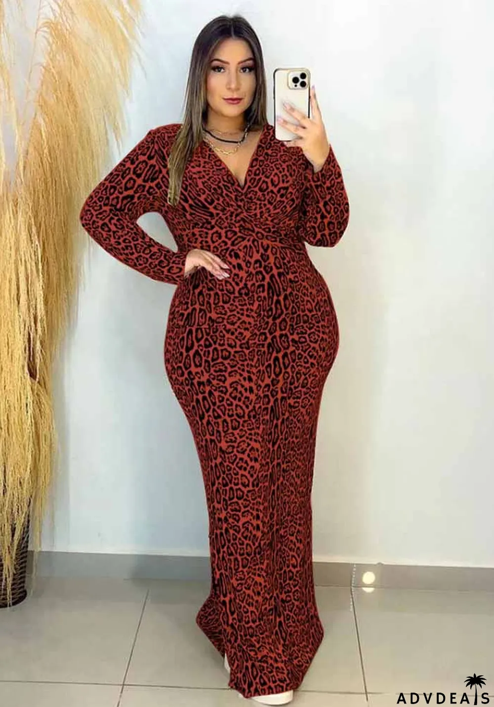 Leopard Slim Waist V Neck Long Sleeve Chic Autumn Fit Long Bodycon Dress