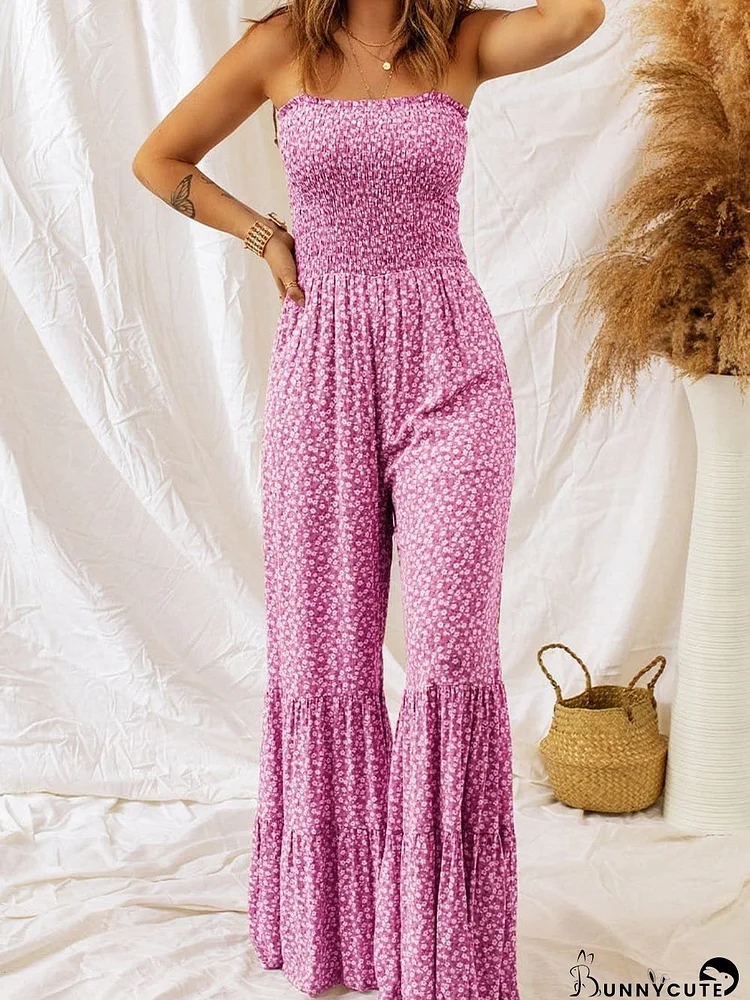 Phalaenopsis Spaghetti Strap Floral Jumpsuit with Smocked Bodice