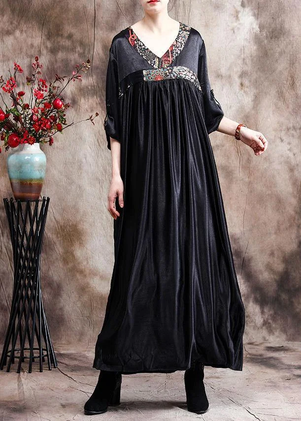 Natural Black Oversize Caftans Gown V Neck Patchwork Baggy Dress