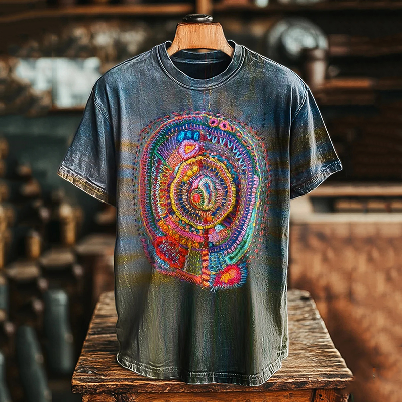 Unisex Vintage Line Embroidery Print Casual Loose Short Sleeve T-shirt