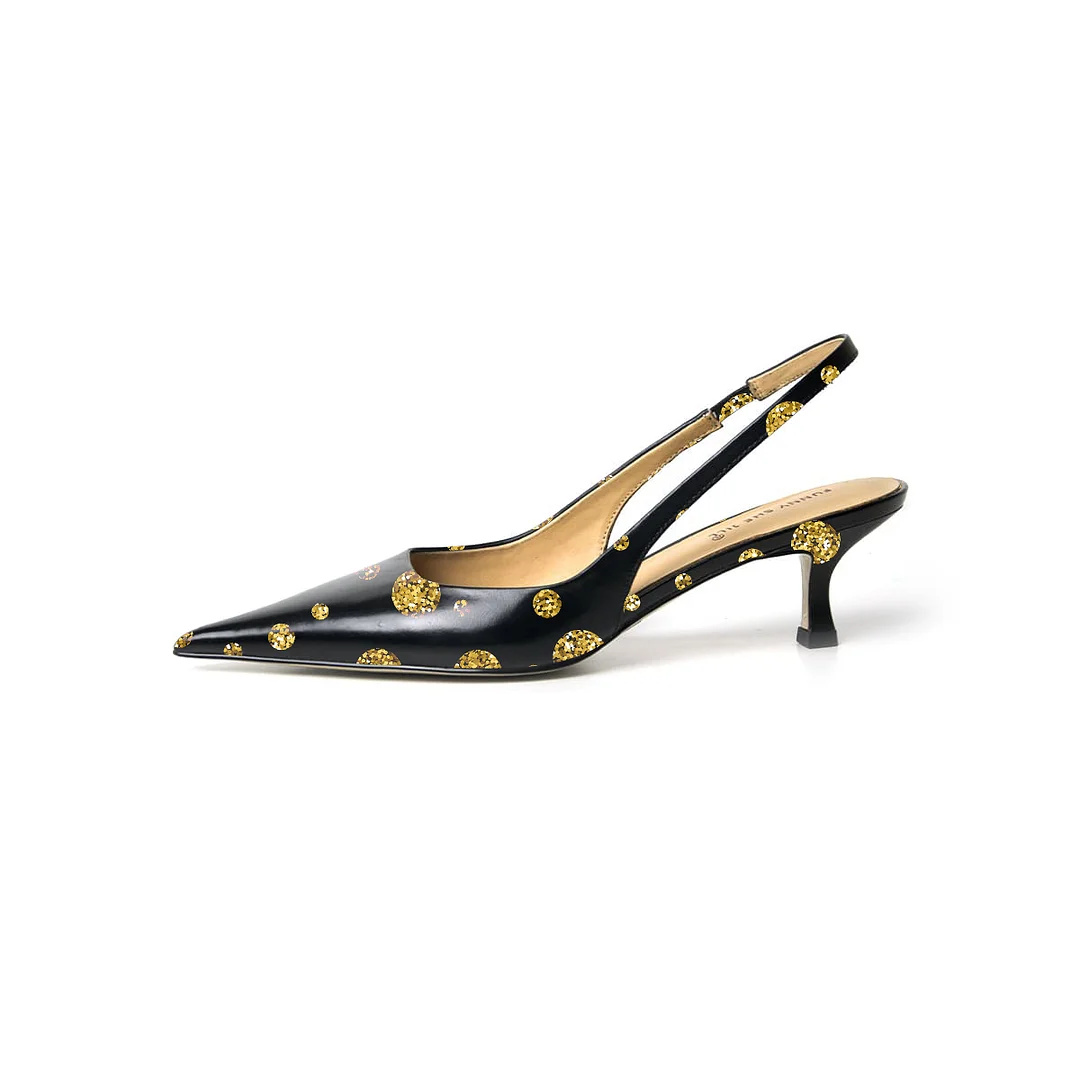 Black Patent Leather Pointed Toe Kitten Heel with Gold Polka Dots Nicepairs