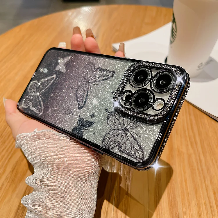 Women Luxury Glitter Diamond Hand Drawn Butterfly Case For iPhone 15 14 13 12 11 Pro Max Plus Clear Silicone Shockproof Cover