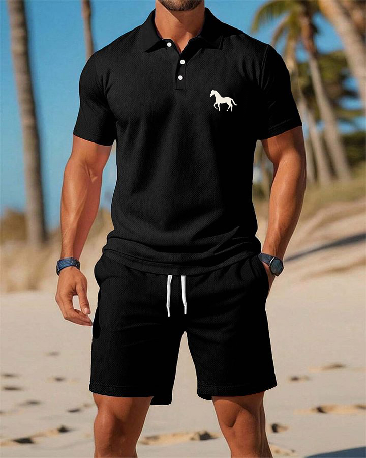 Beach Gentleman Style Exquisite Badge White Polo Shirt Suit