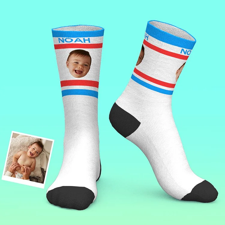 Custom Face Simplicity White With Red And Blue Striped Socks