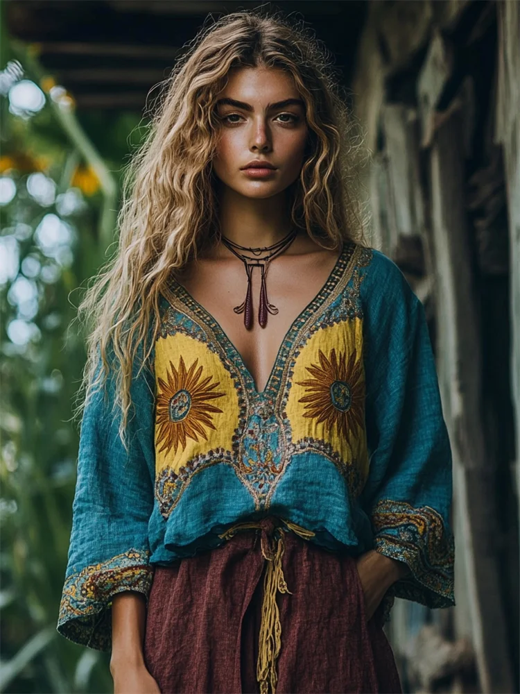 Utbros Vintage Boho Sunflowers Embroidered Contrast Color Linen Blend Tunic