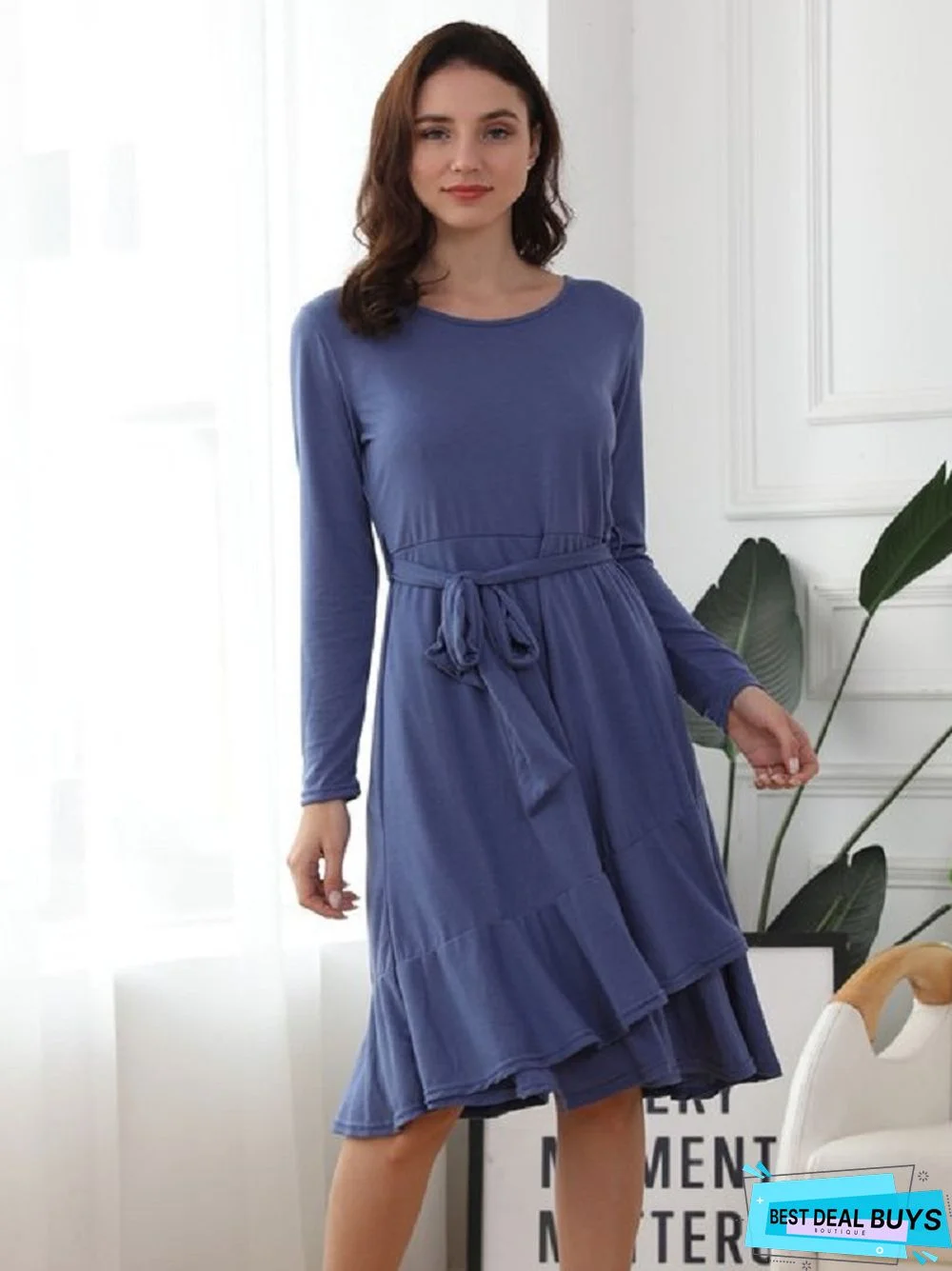 Solid Color Round Neck Ruffled Lace Dress