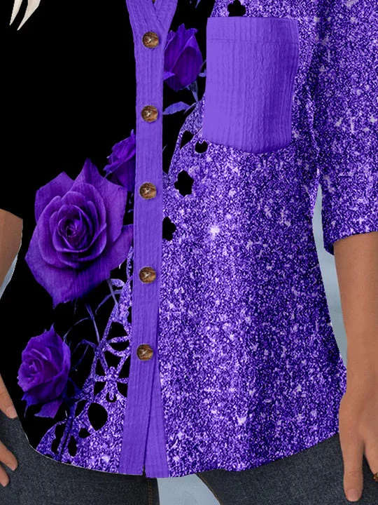 Women 3/4 Sleeve Shirt Collar Floral Printed Graphic Lace Button Pockets Tops