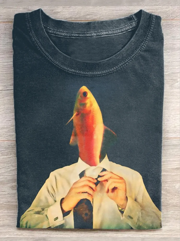 Unisex Funny Goldfish Illustration Printed Casual Short-Sleeved T-Shirt