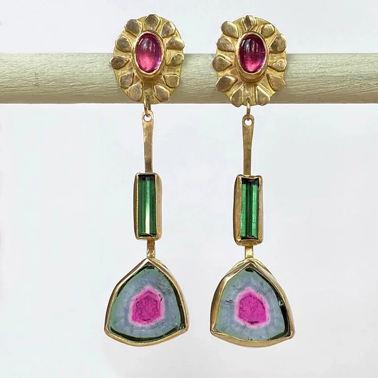 Vintage Gold Floral Colored Glass Diamond Studded Earrings